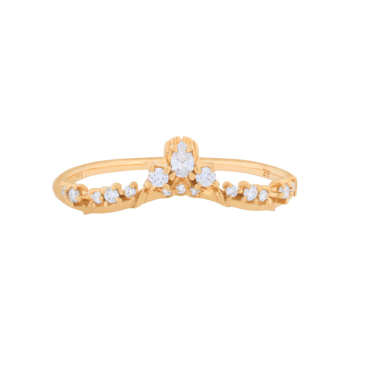 The Kore Ring by Sofia Zakia is a 14K gold V-shaped band with small round white gemstones.