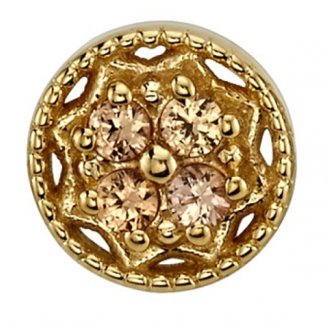 The BVLA Java is a round 14k gold button with a lacy design and four sparkling gems in the center.