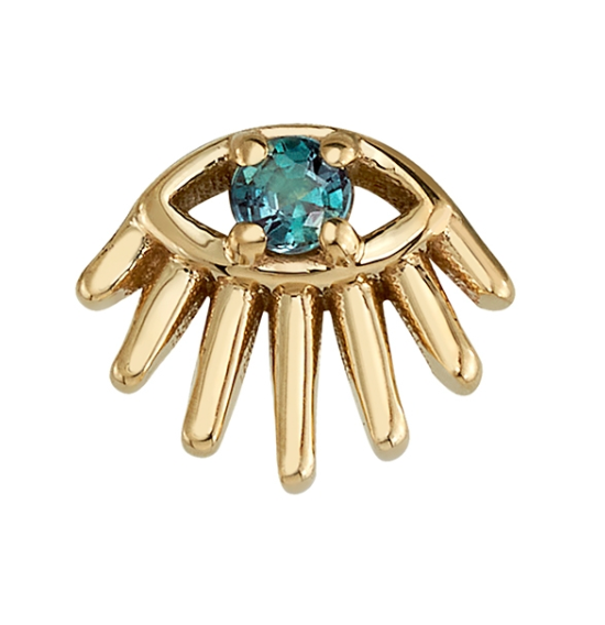 Tapati 14K gold eye-shaped stud earring with a round teal gemstone pupil and radiating lashes.