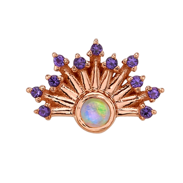 BVLAs Twilight brooch: 14k gold fan shape, opal amethyst center, and purple gemstones in radiant rays.