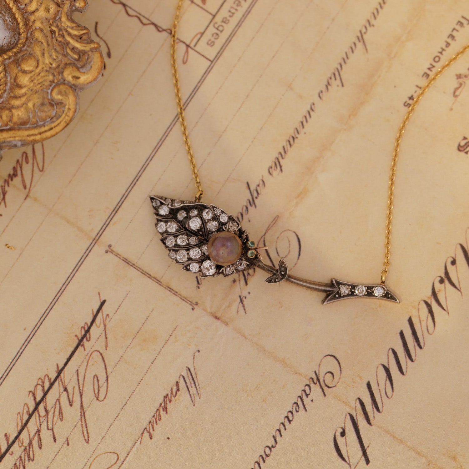 Antique Diamond Leaf with Pearl Bug Necklace