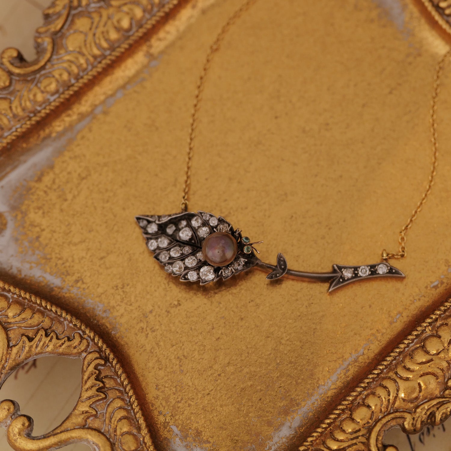 Antique Diamond Leaf with Pearl Bug Necklace