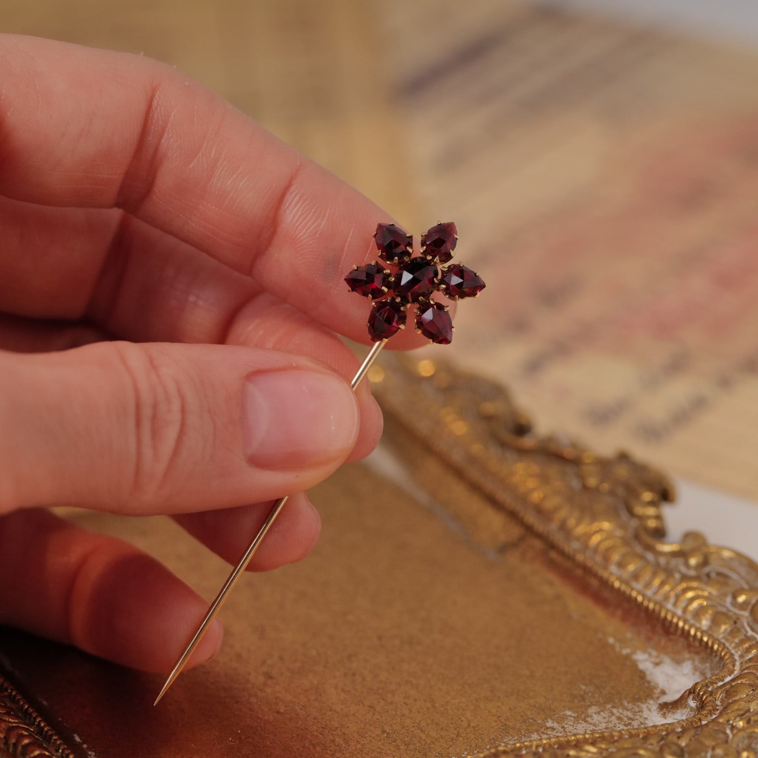 Bohemian Garnet Flower Stick Pin