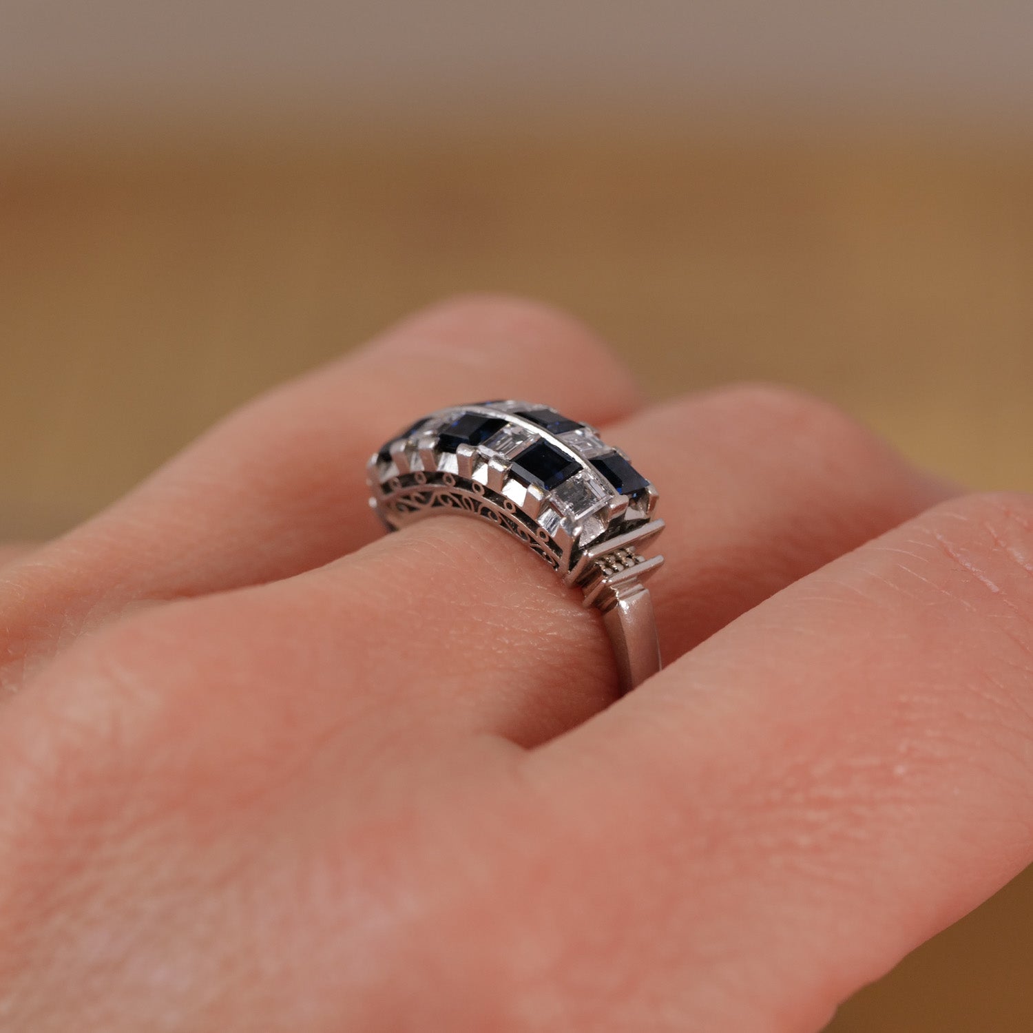 Antique Checkerboard Diamond & Sapphire Ring