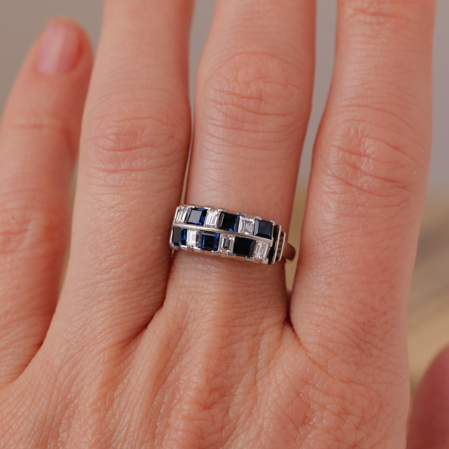 Antique Checkerboard Diamond & Sapphire Ring