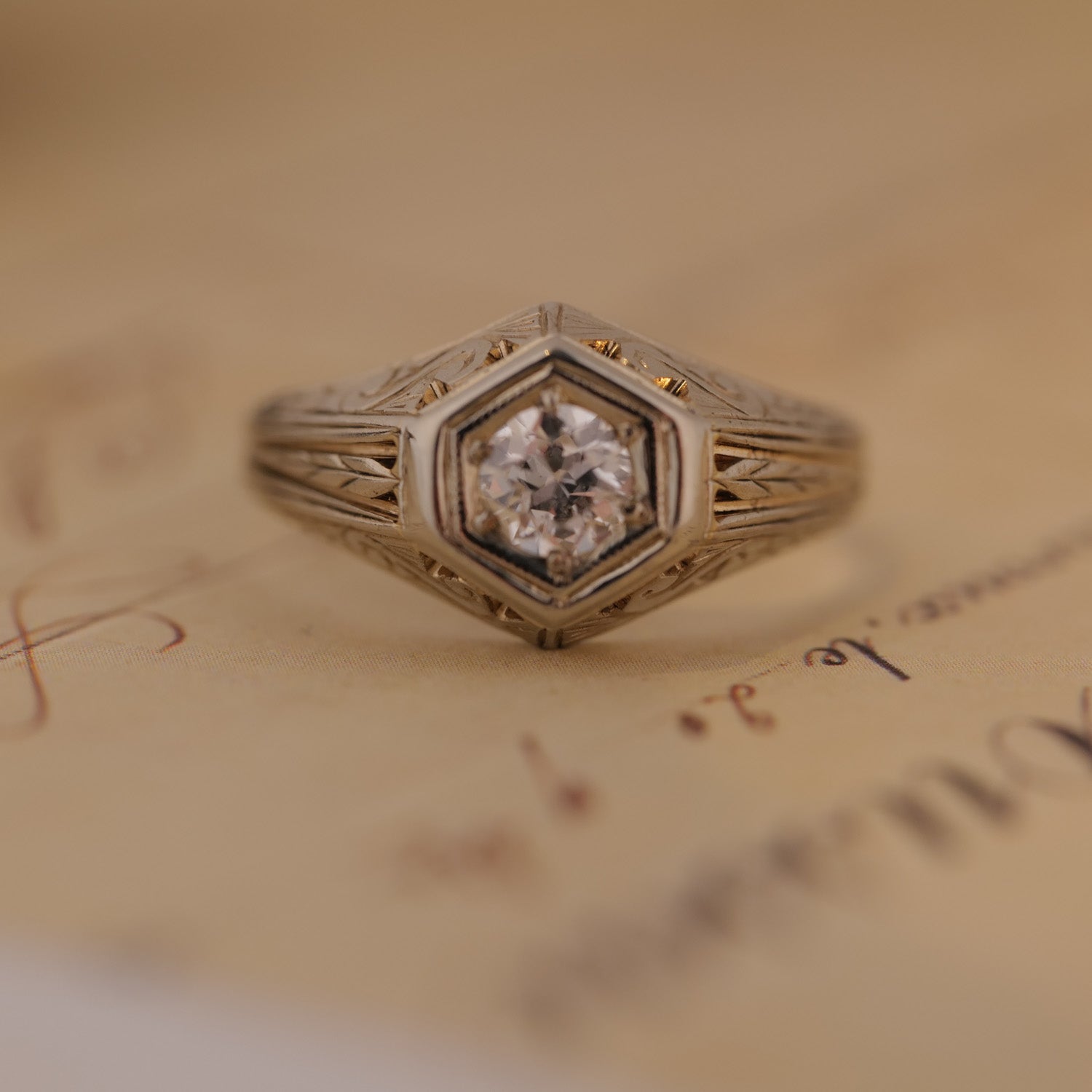 Vintage Hexagon Diamond Engraved Ring