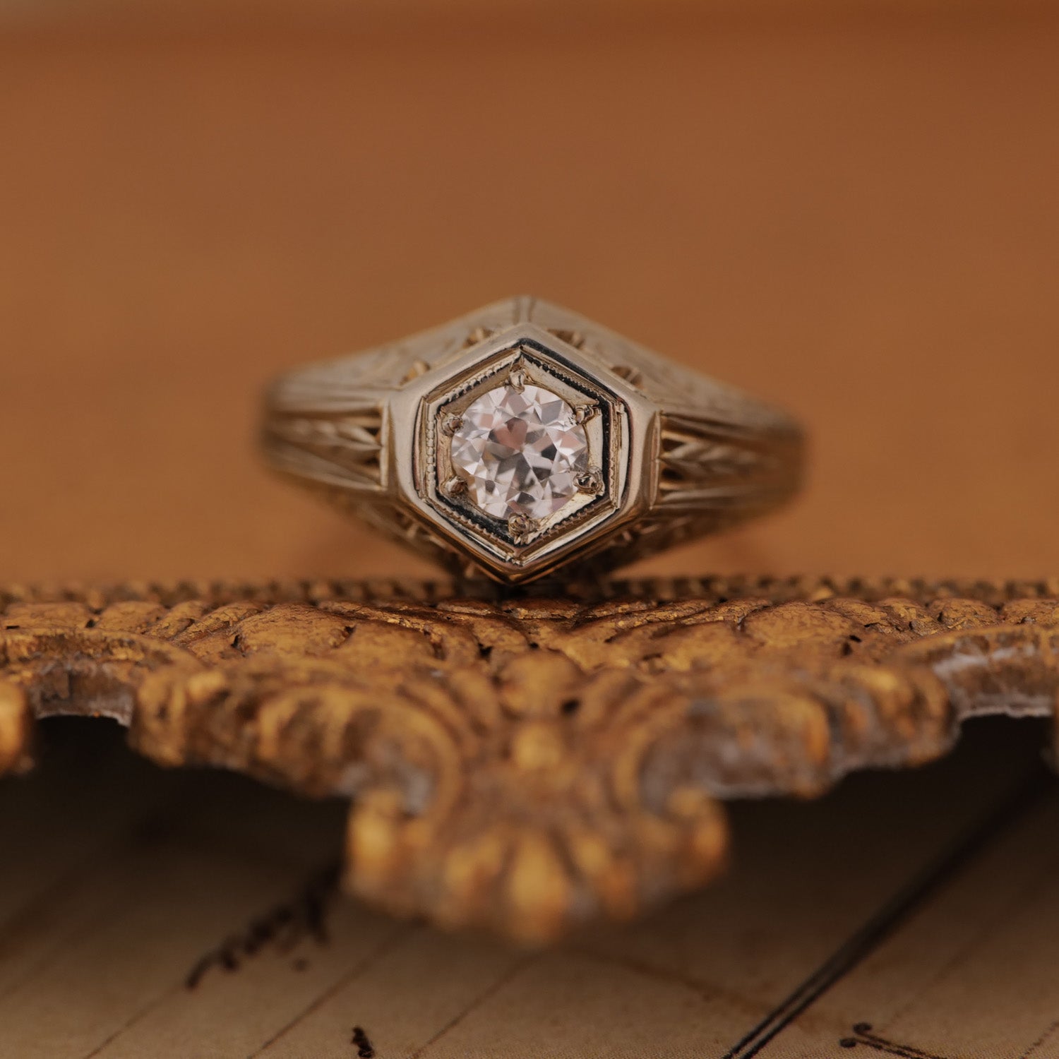 Vintage Hexagon Diamond Engraved Ring