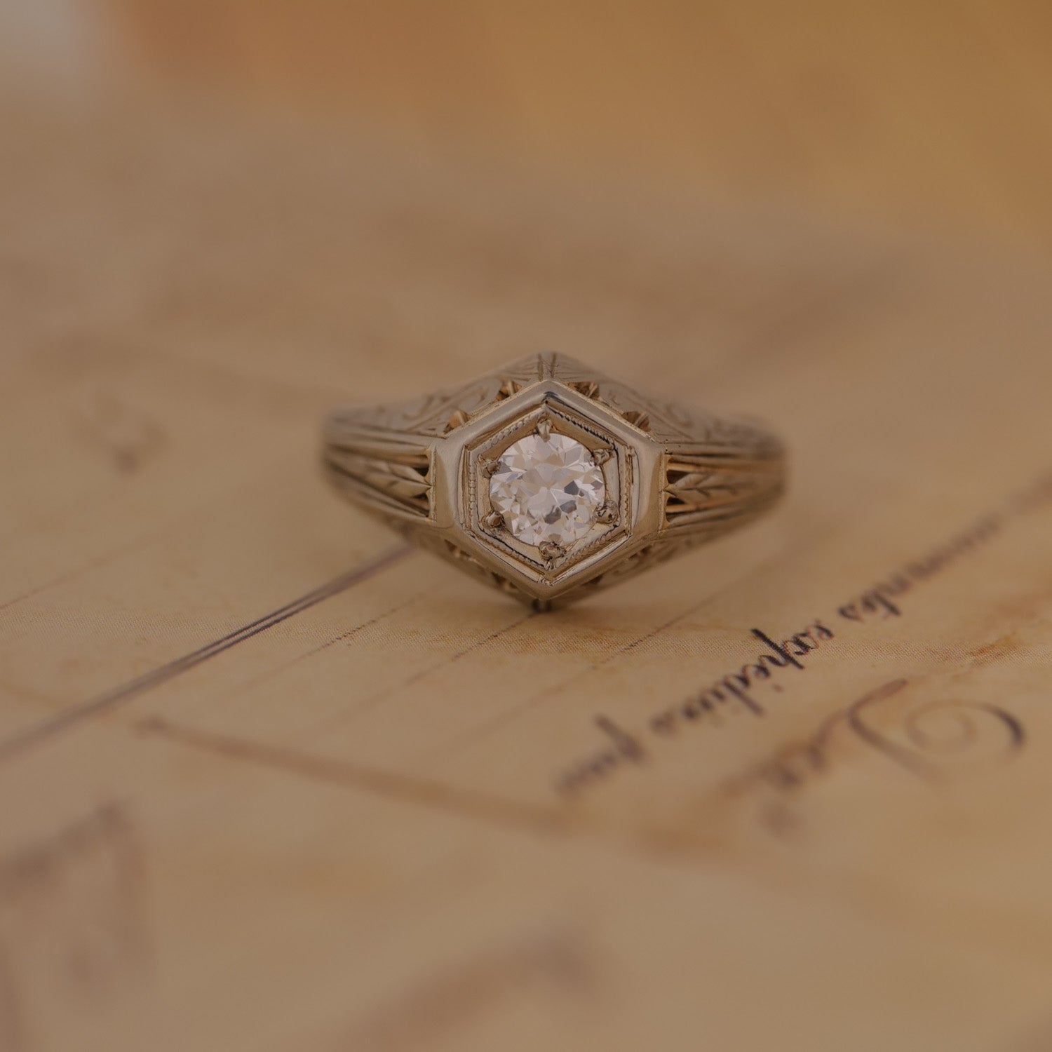 Vintage Hexagon Diamond Engraved Ring