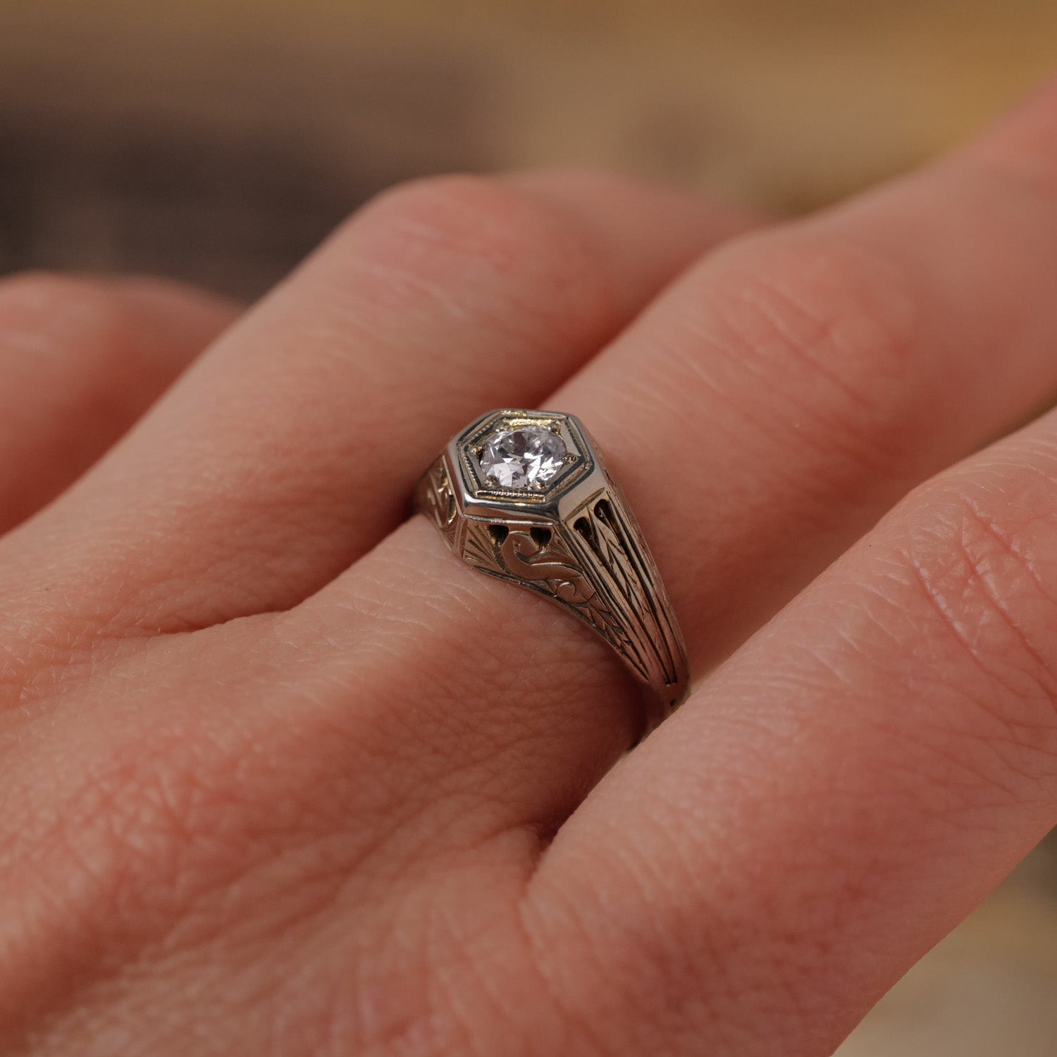 Vintage Hexagon Diamond Engraved Ring