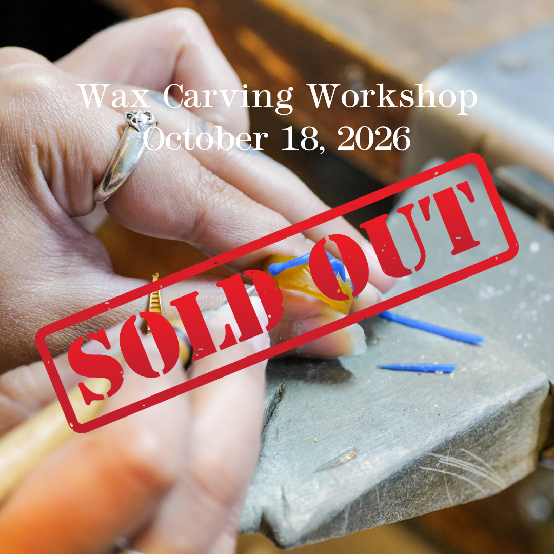 Hands use a tool to carve a wax ring during a Wax Carving Workshop - October 18, 2026 (SOLD OUT).