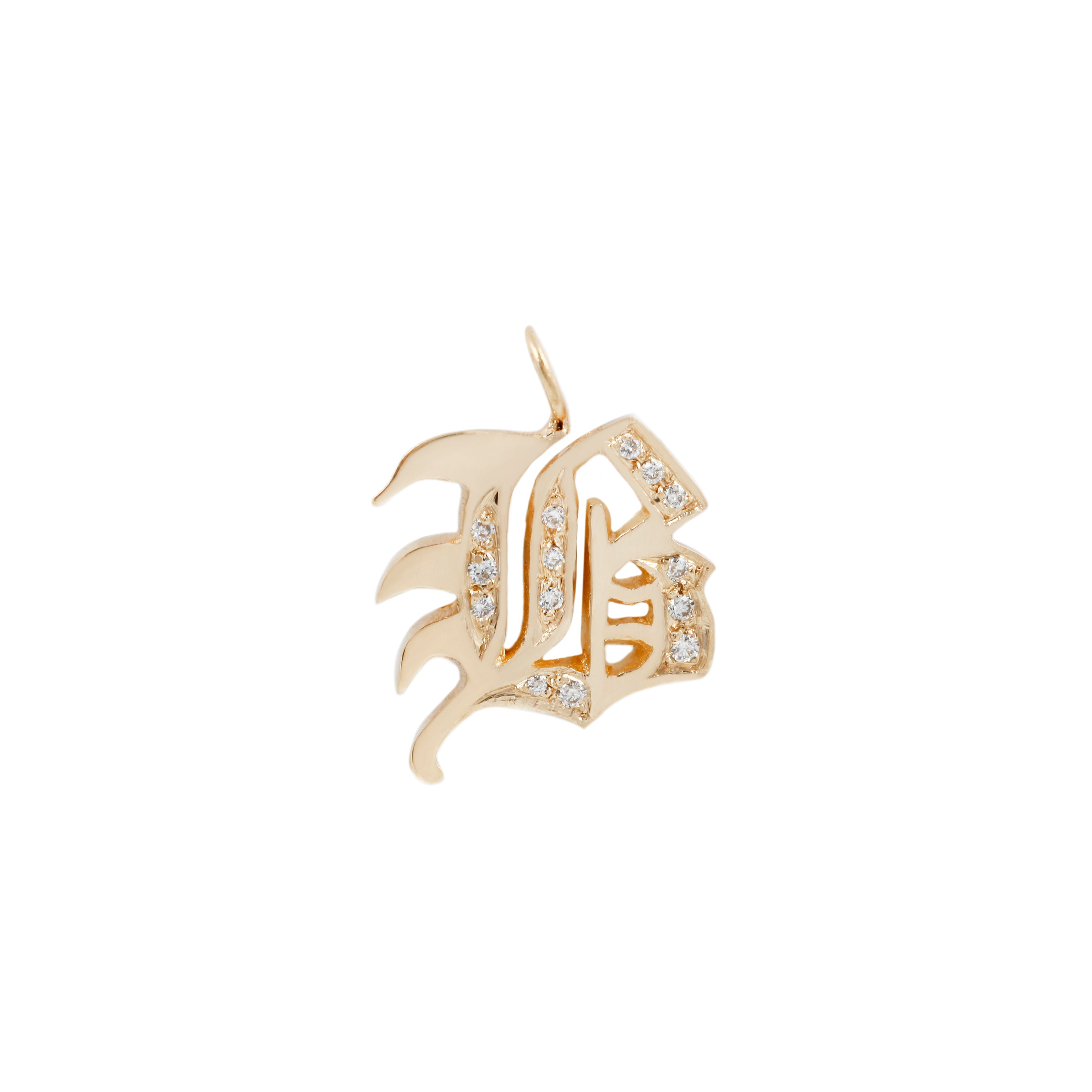 Georgie Gold Ideogram Charm: 14K gold gothic-letter pendant with diamond gem accent, shown on white background.