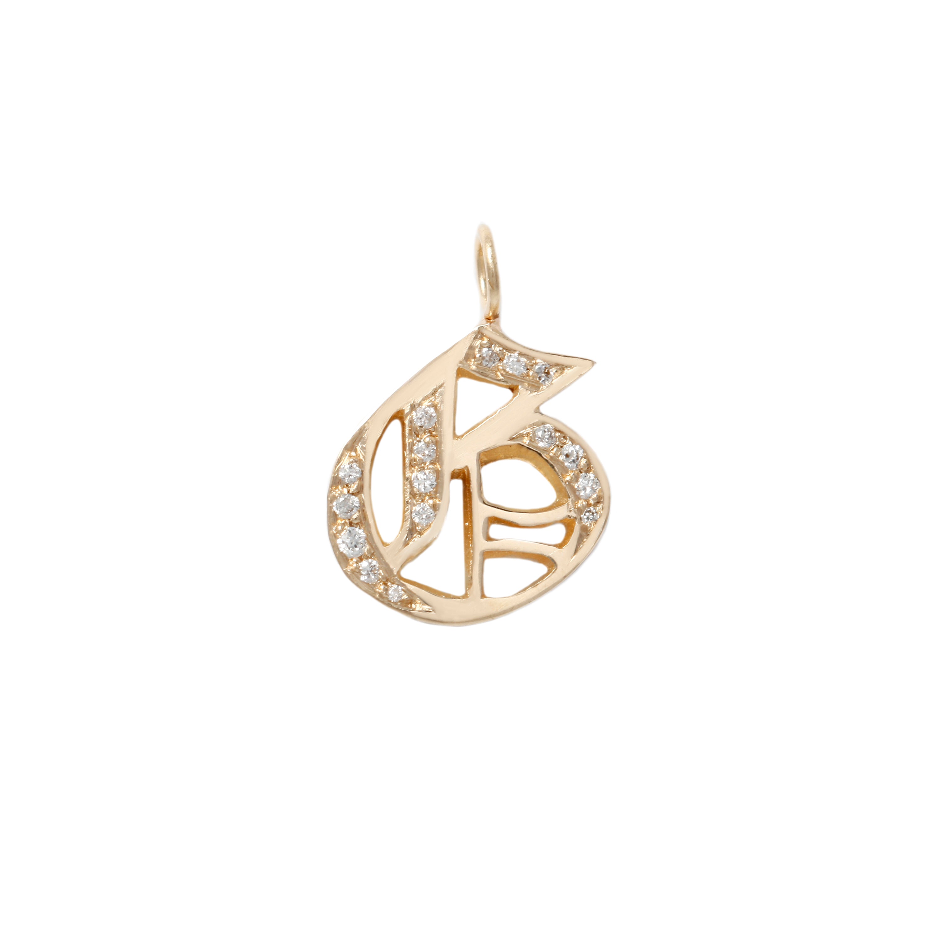 Georgie Gold Ideogram Charm: 14K gold gothic B pendant with clear gemstones for a diamond-like look.