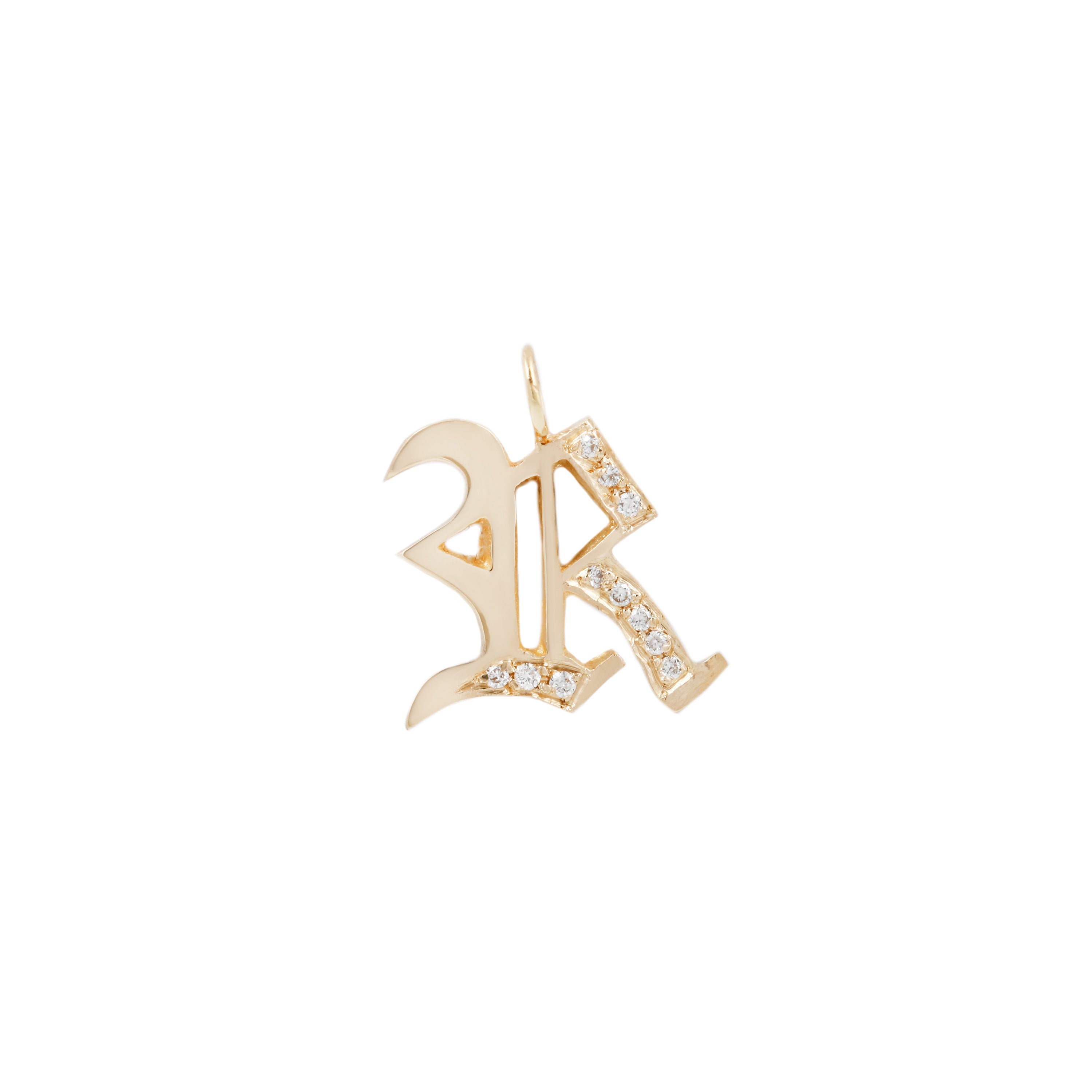 Georgie Gold Ideogram Charm: 14K gold gothic “R” pendant with diamond details, shown on a white background.