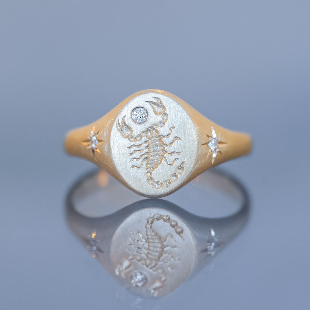 Blue Blue Driver Scorpion Signet Ring - Diamond in 14k gold with white diamonds and engraved scorpion and stars.