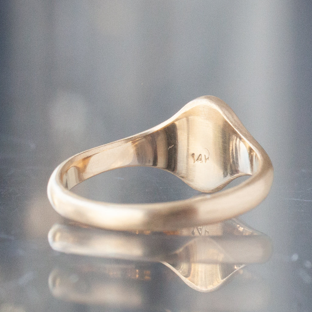 The Tiniest Scarab Signet Ring by Blue Blue Driver, 14K gold with a wavy design, is shown on a reflective surface.