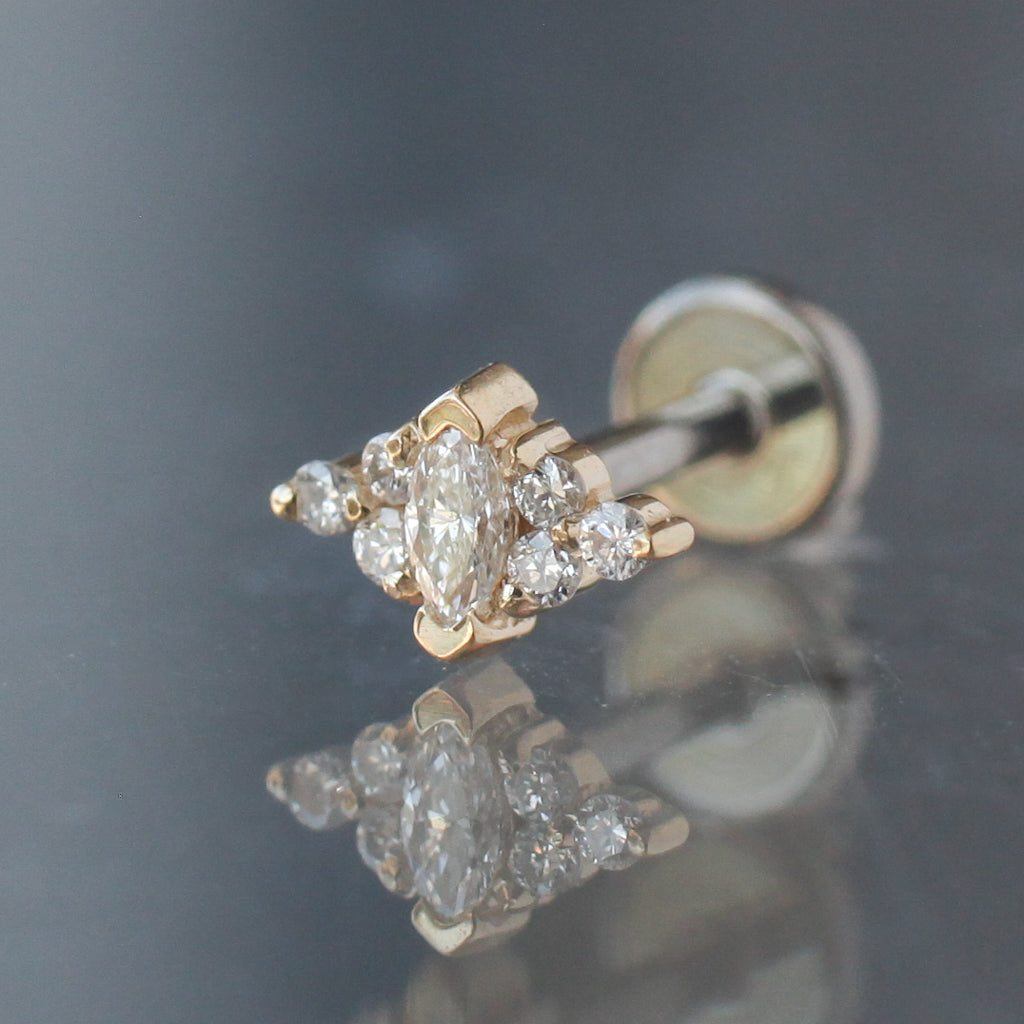 BVLA Embrace Marquise yellow gold flatback stud with a central marquise-cut stone and four small round accent stones.