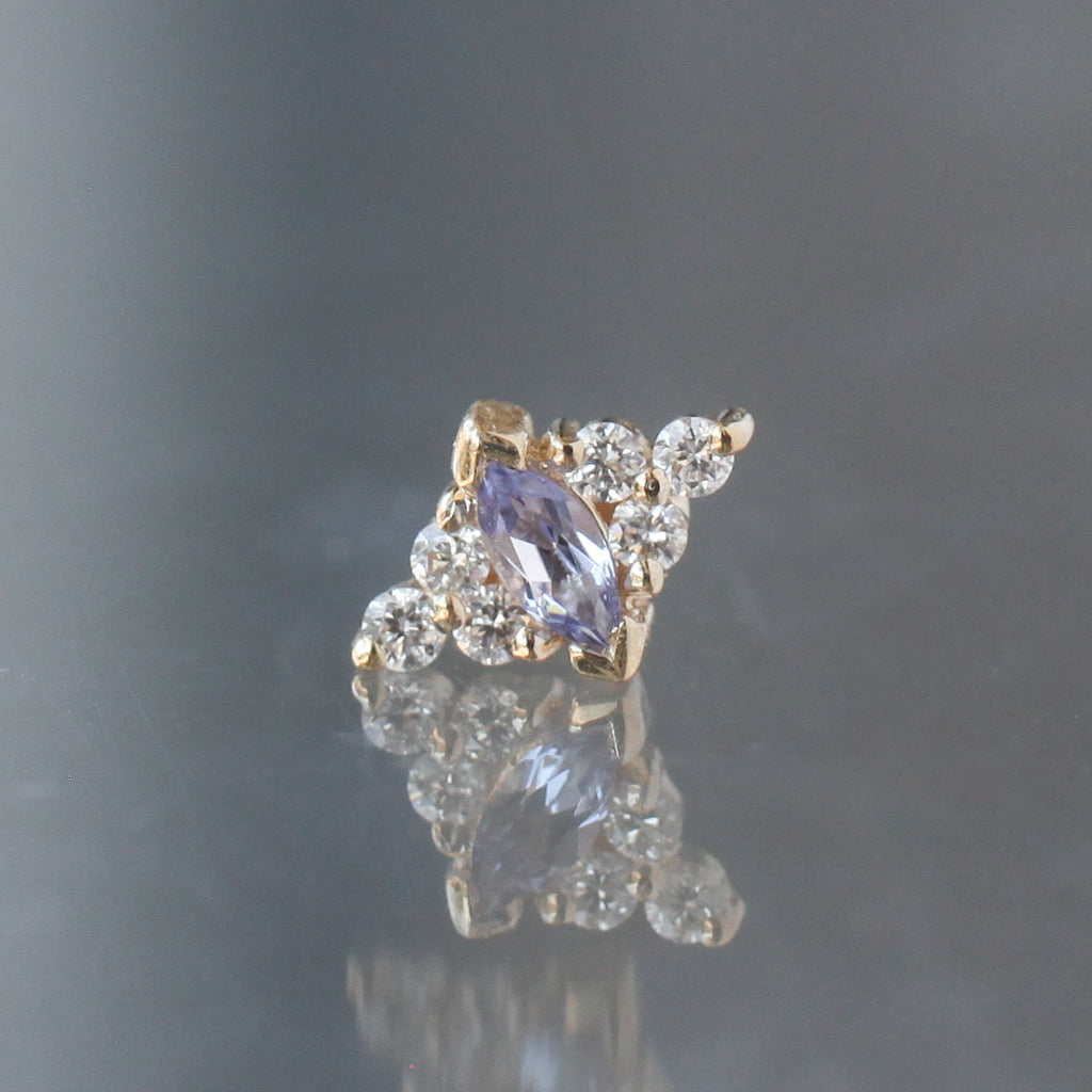 BVLA Embrace Marquise labret in yellow gold with a lavender marquise stone surrounded by six small clear round stones.