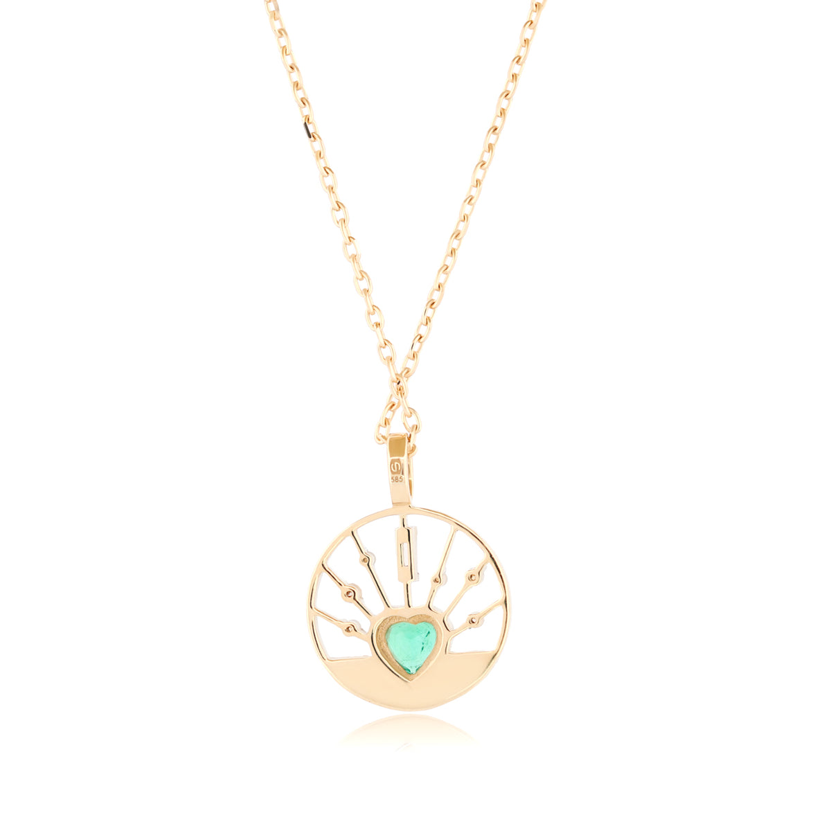 Celine Daoust Heart Medal Necklace - Emerald: a 14K gold necklace with a round medal pendant featuring a green emerald heart.