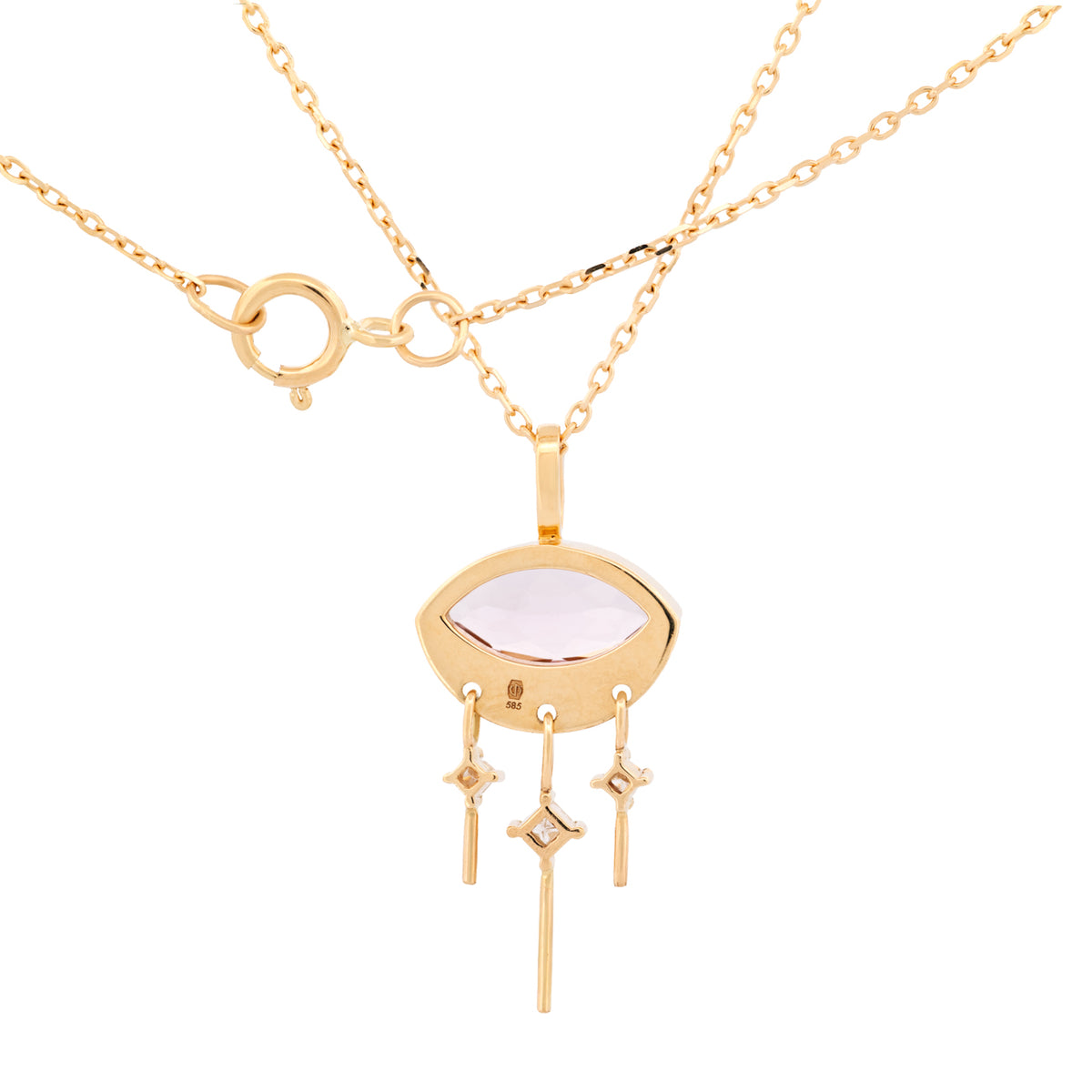 Celine Daoust Marquise Eye with Diamond Dangles: 14K gold third eye pendant with a central gemstone on a gold chain.