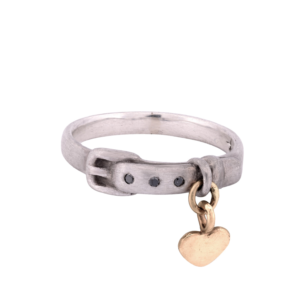 Daisy San Luis Little Love Pet Collar Ring - Black Diamond: an antique sterling silver buckle ring with stones and a heart.