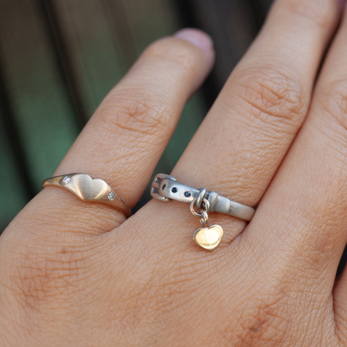 Little Love Pet Collar Ring - Black Diamond: two antique sterling silver rings, one with a heart and two belt band charms.