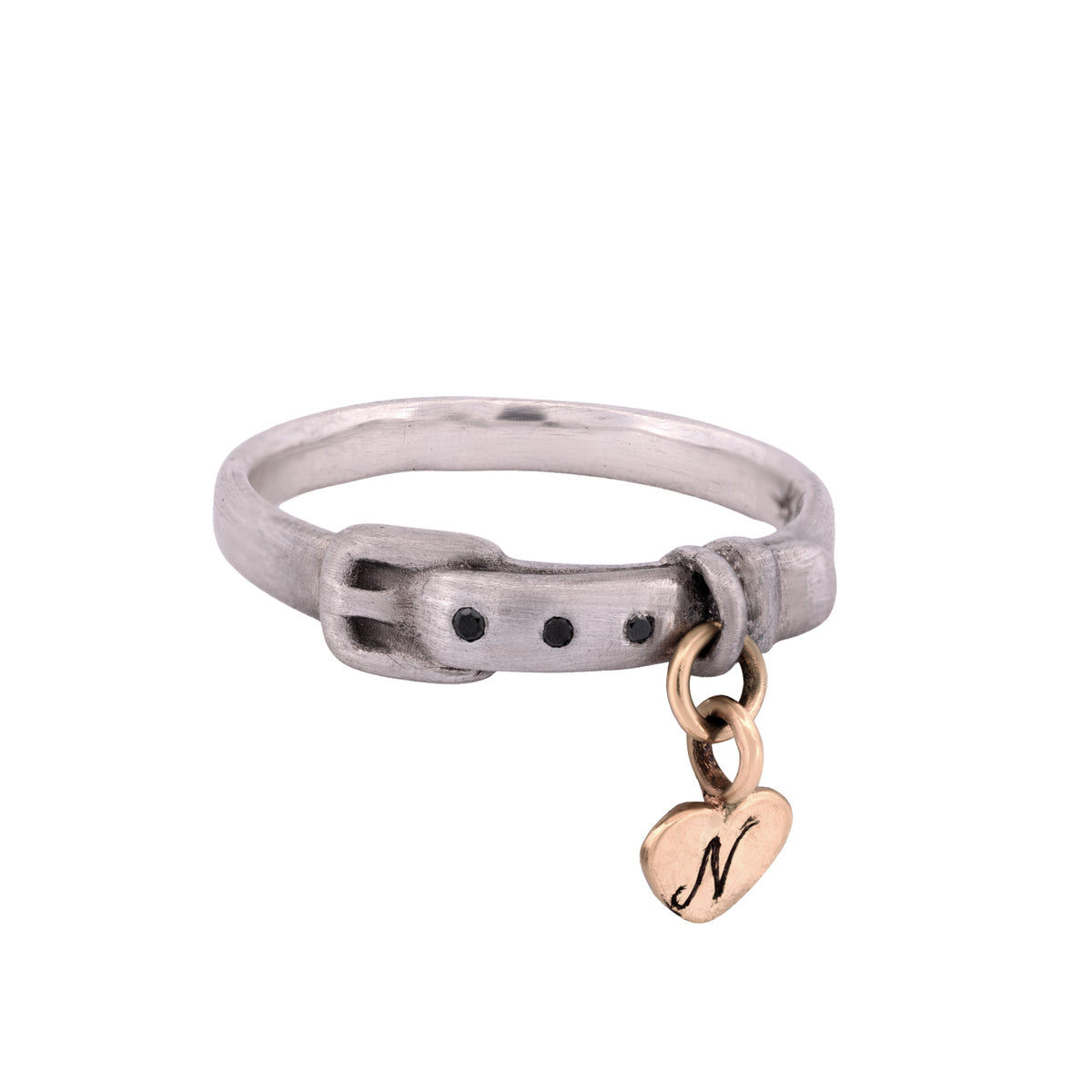 Daisy San Luis Little Love Pet Collar Ring - Black Diamond featuring a dangling heart charm engraved with the letter N.