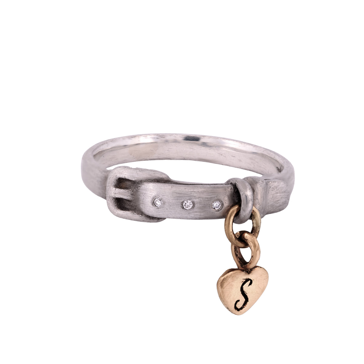 Little Love Pet Collar ring: vintage sterling silver buckle with three small stones and a dangling gold heart charm letter S.