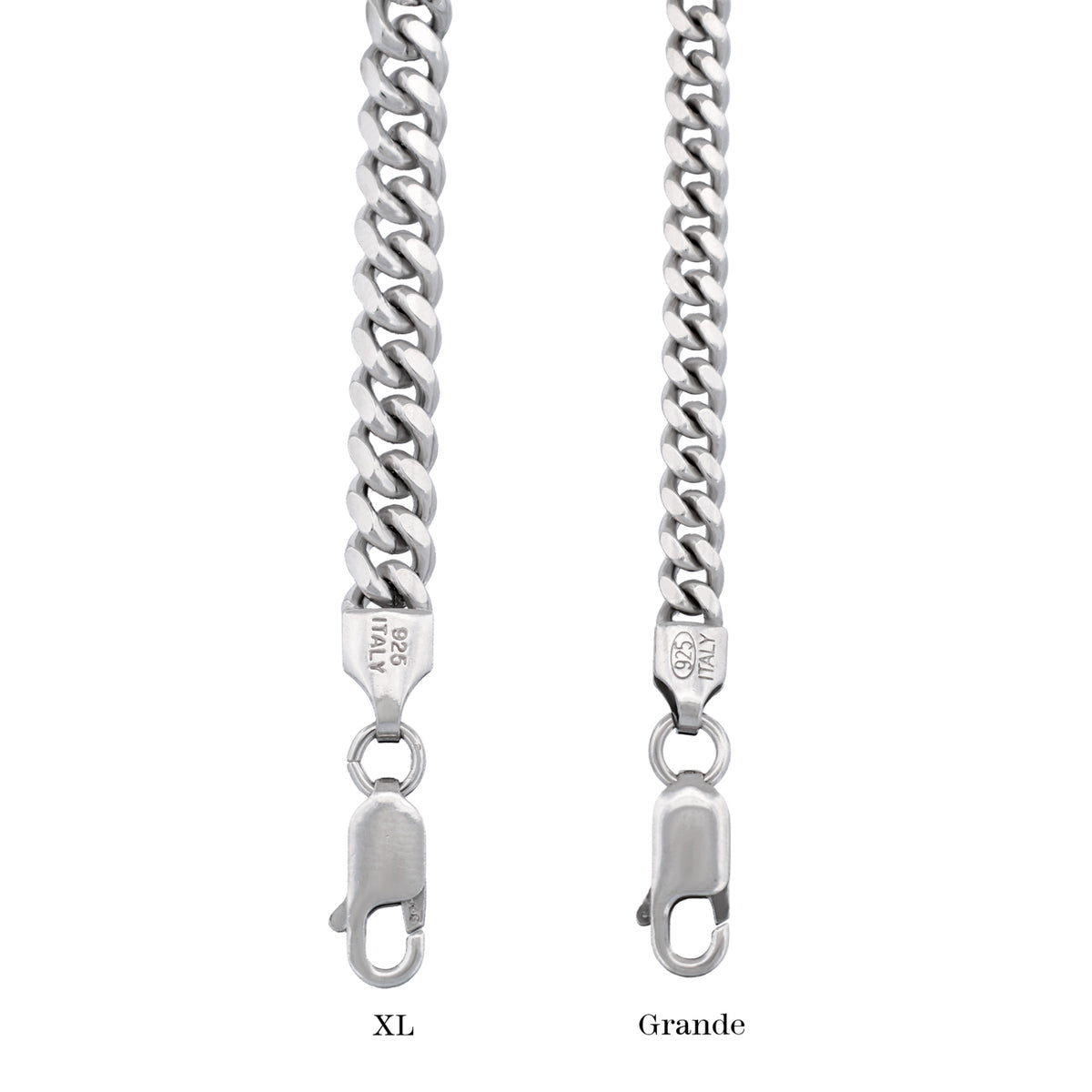 Two thick-linked silver Fiat Lux XL Cuban Chain Bracelet (S) bracelets with lobster clasps.