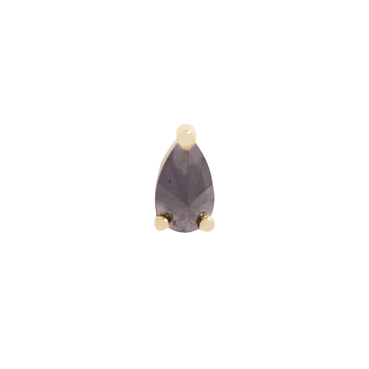A pear-shaped colored gem by Fiat Lux set in a gold 3-prong flatback, displayed on a white background.