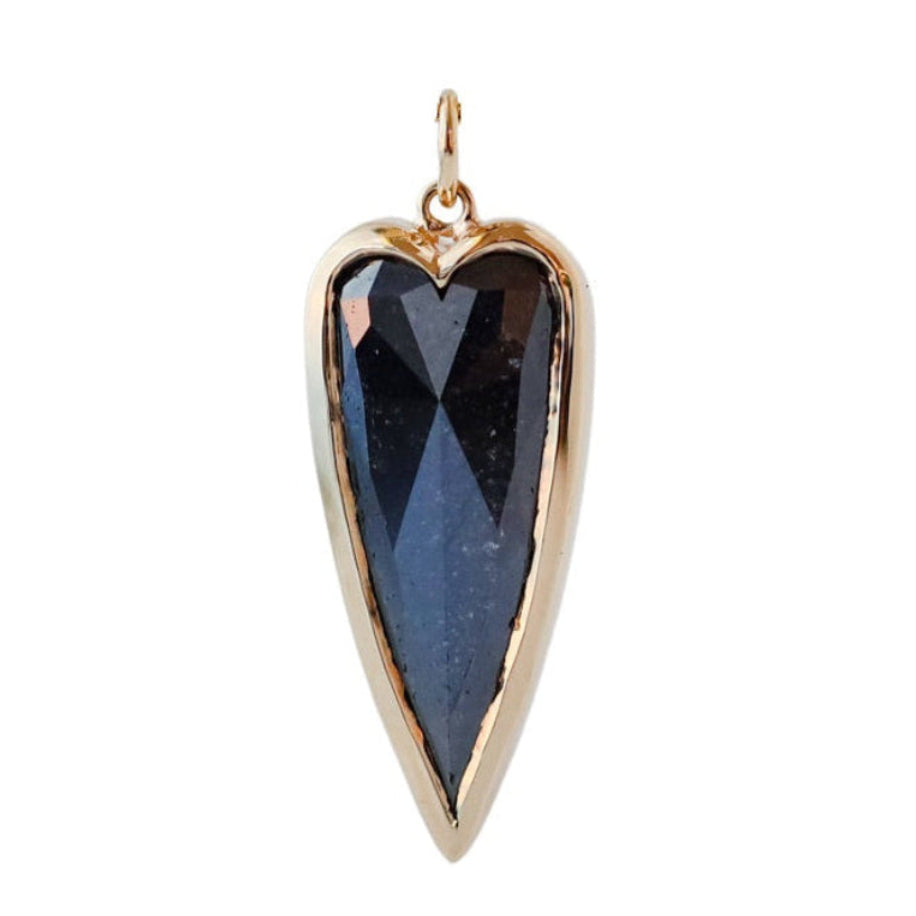 Fiat Lux Grande Punk Heart Charm: faceted dark blue heart pendant with gold edges & 14K gold loop for chain.