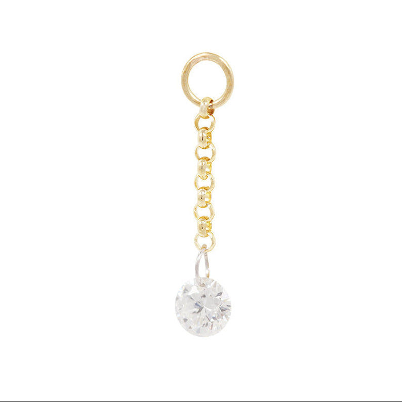 The Rien Dangle by Fiat Lux is a 14k gold chain earring with diamond dangle, shown on white.