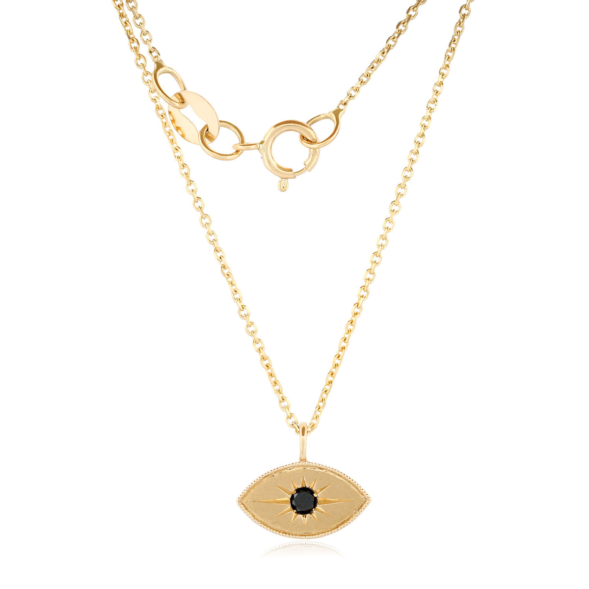 Mini Mati Necklace (G) featuring a 14k gold chain and a minimalist Third Eye pendant with a small black gemstone center.