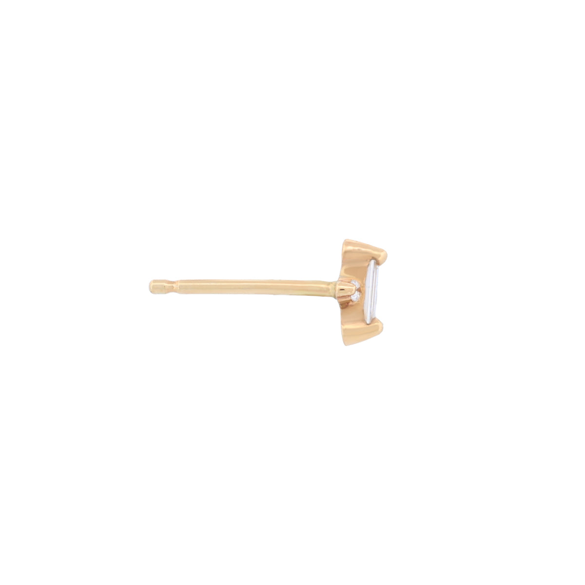 Indira Earring - White Diamond: 14K gold stud with a vertical baguette-cut diamond.