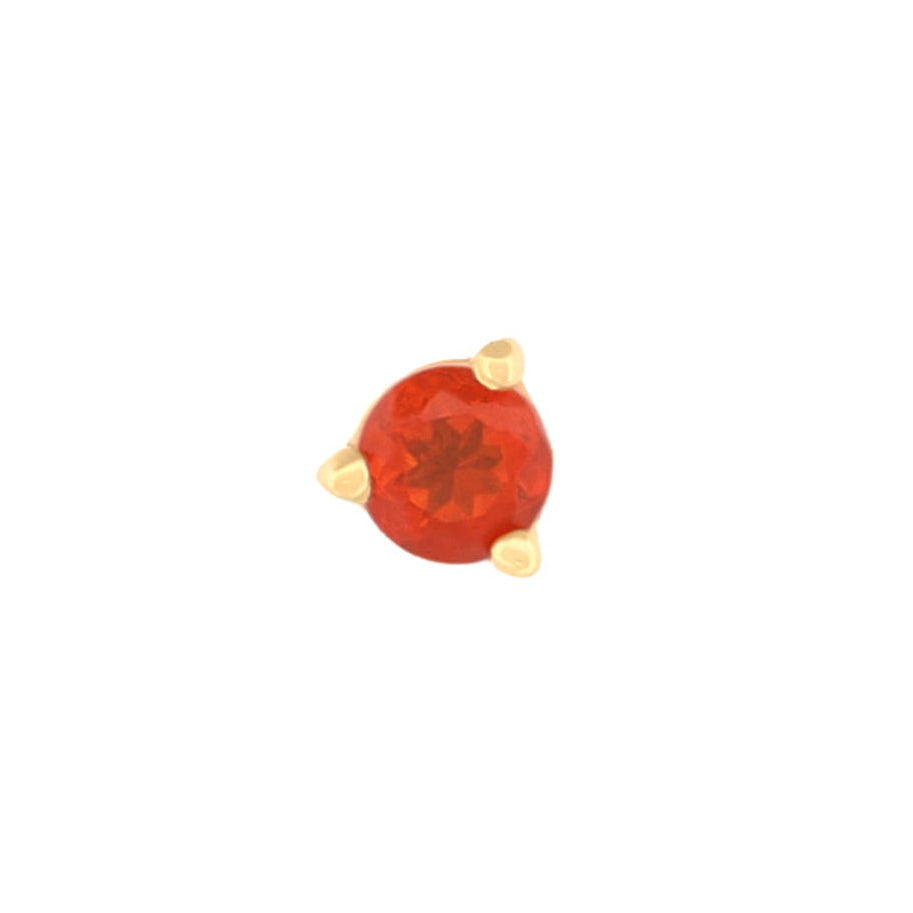 A 2mm 3 Prong Round - Colored Gems orange gemstone in a 14K gold flatback piercing setting.