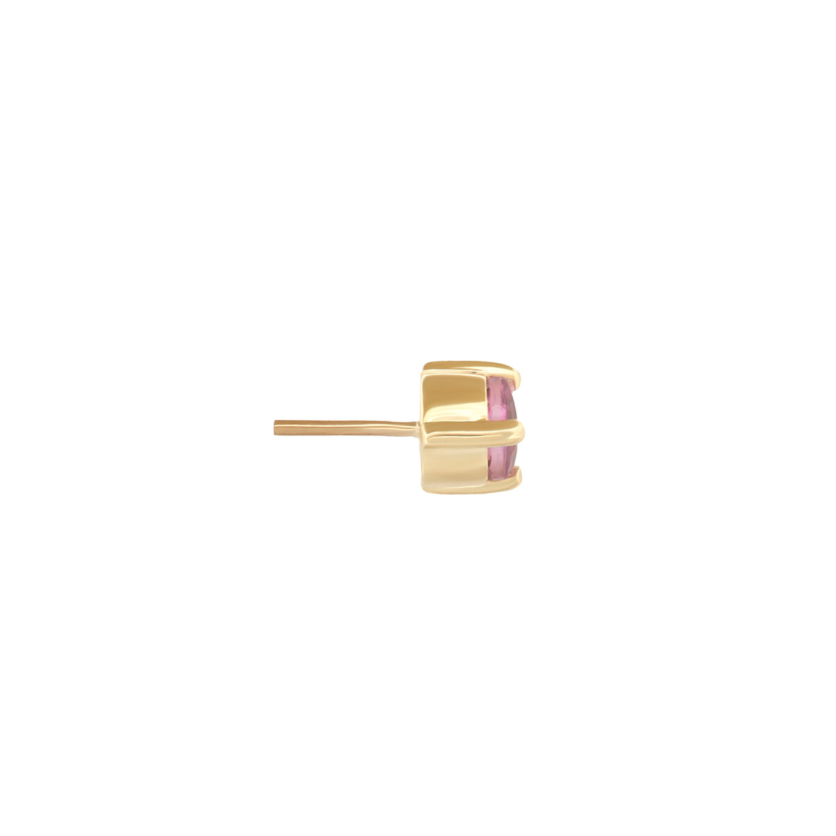 Side view of a 3 Prong Round - Colored Gems (3mm) pink gemstone 14K gold flatback earring.