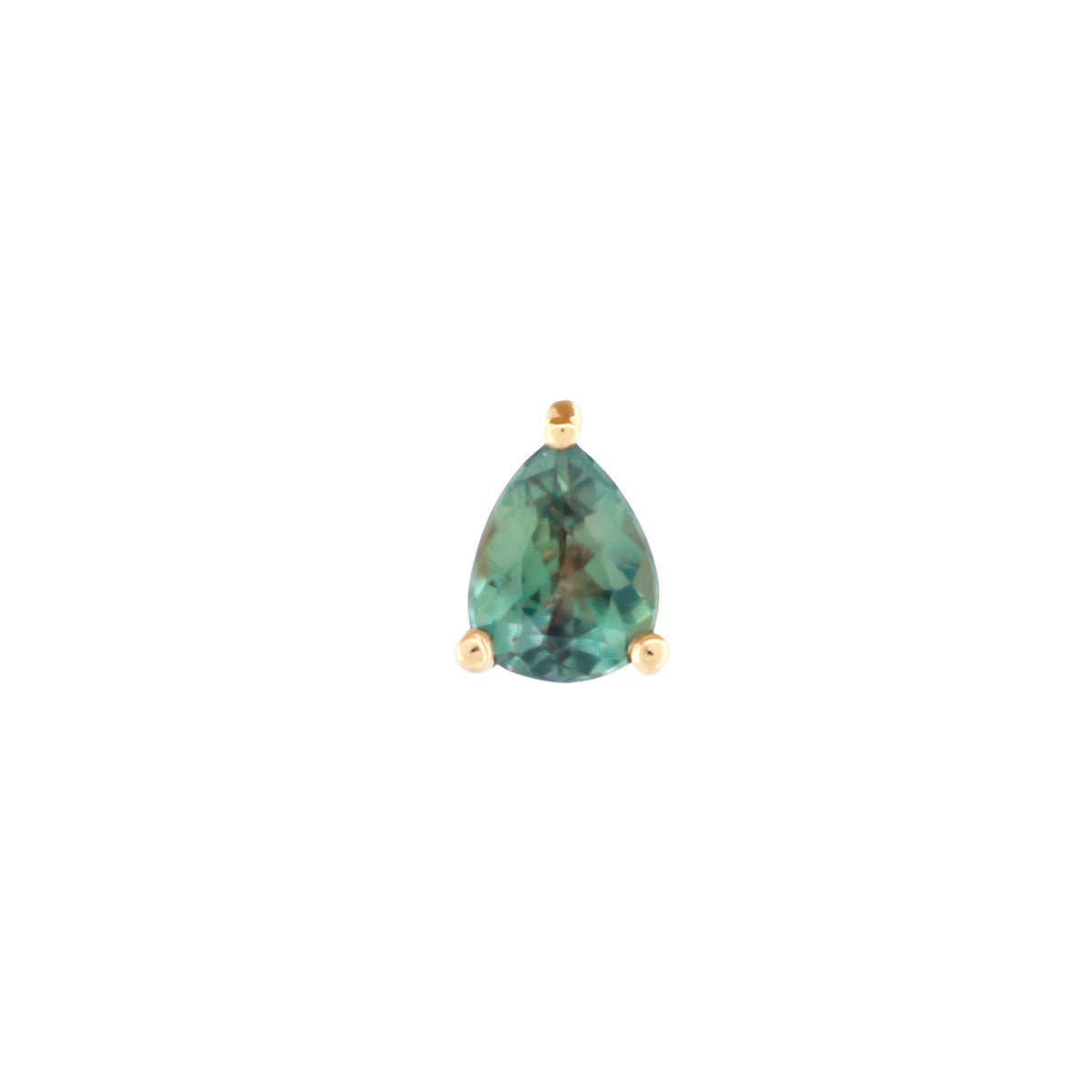 A 3 Prong Pear Grande - Alexandrite featuring a pear-cut, teal-colored stone in a gold labret.