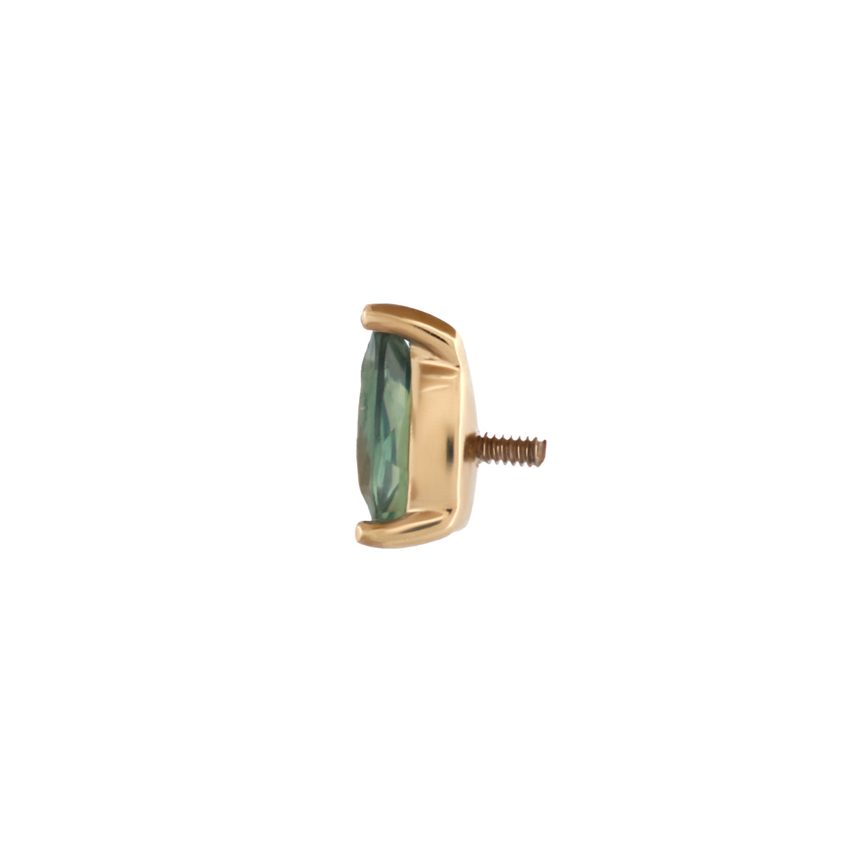 Side view of a 3 Prong Pear Grande - Alexandrite labret featuring a green, pear-shaped gem on a gold threaded post.