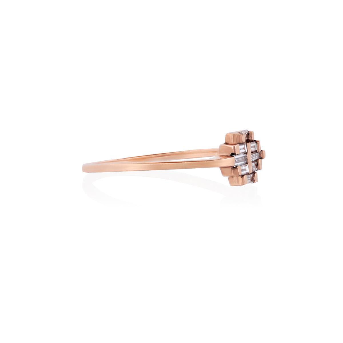 Arcadia Ring in 14k rose gold with a rectangular setting of baguette-cut diamonds.
