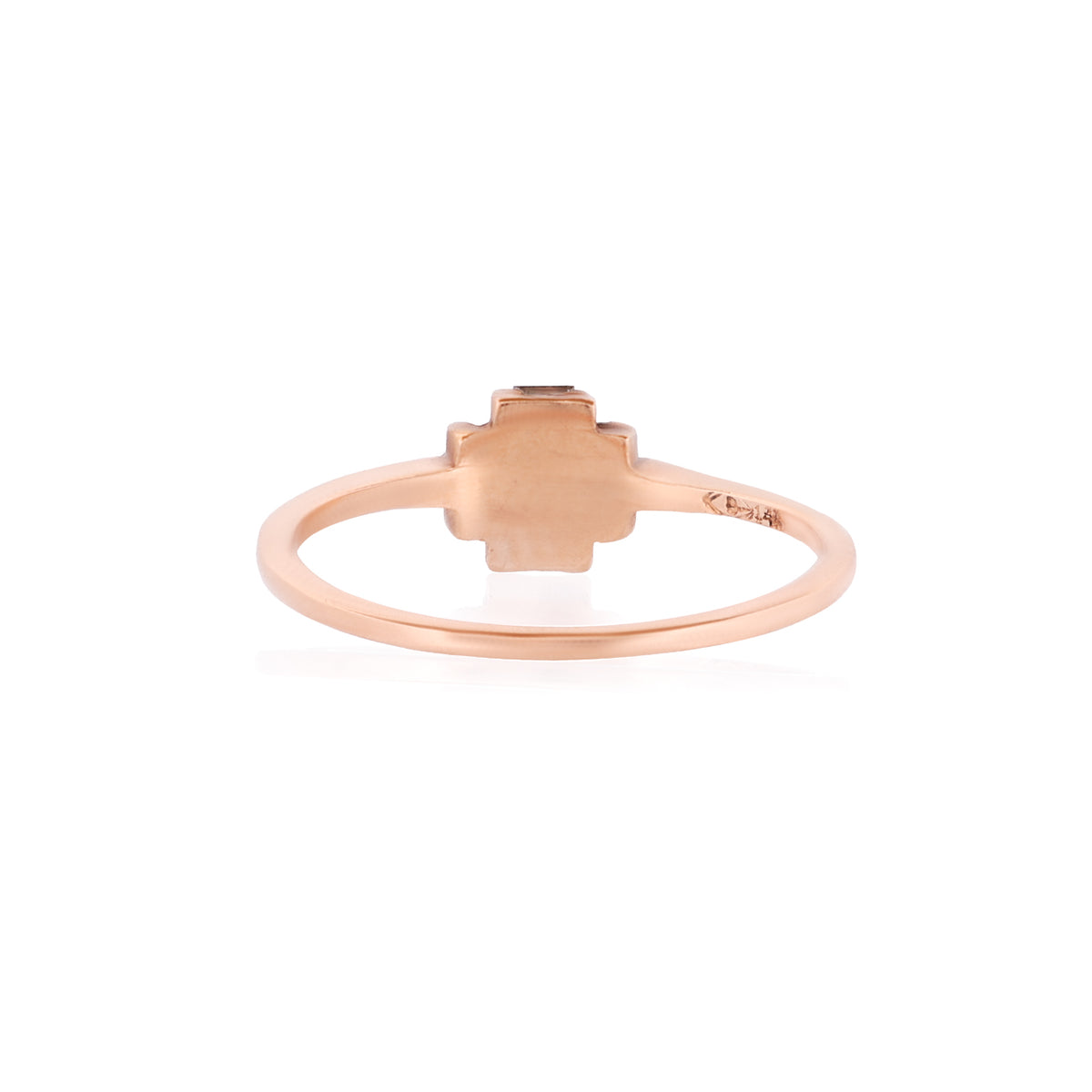 Arcadia Ring: A thin 14k gold ring with a small, diamond baguette cross-shaped setting.