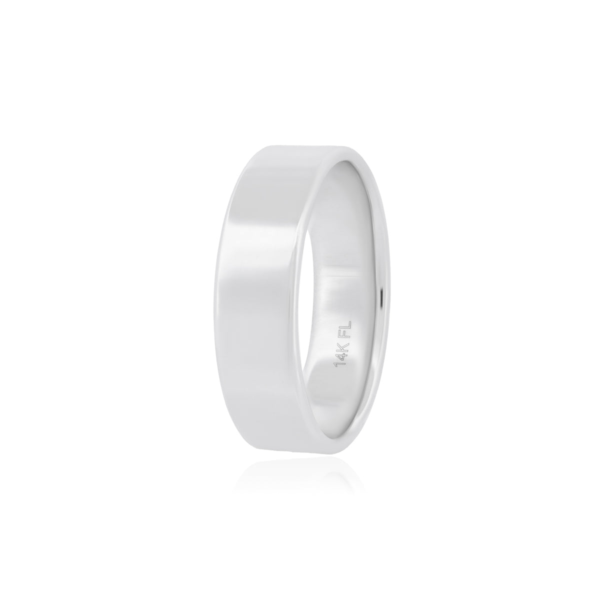 A smooth, silver-toned Fiat Lux Classic Flat Band (6mm) with 14K FL engraved on the inner surface.