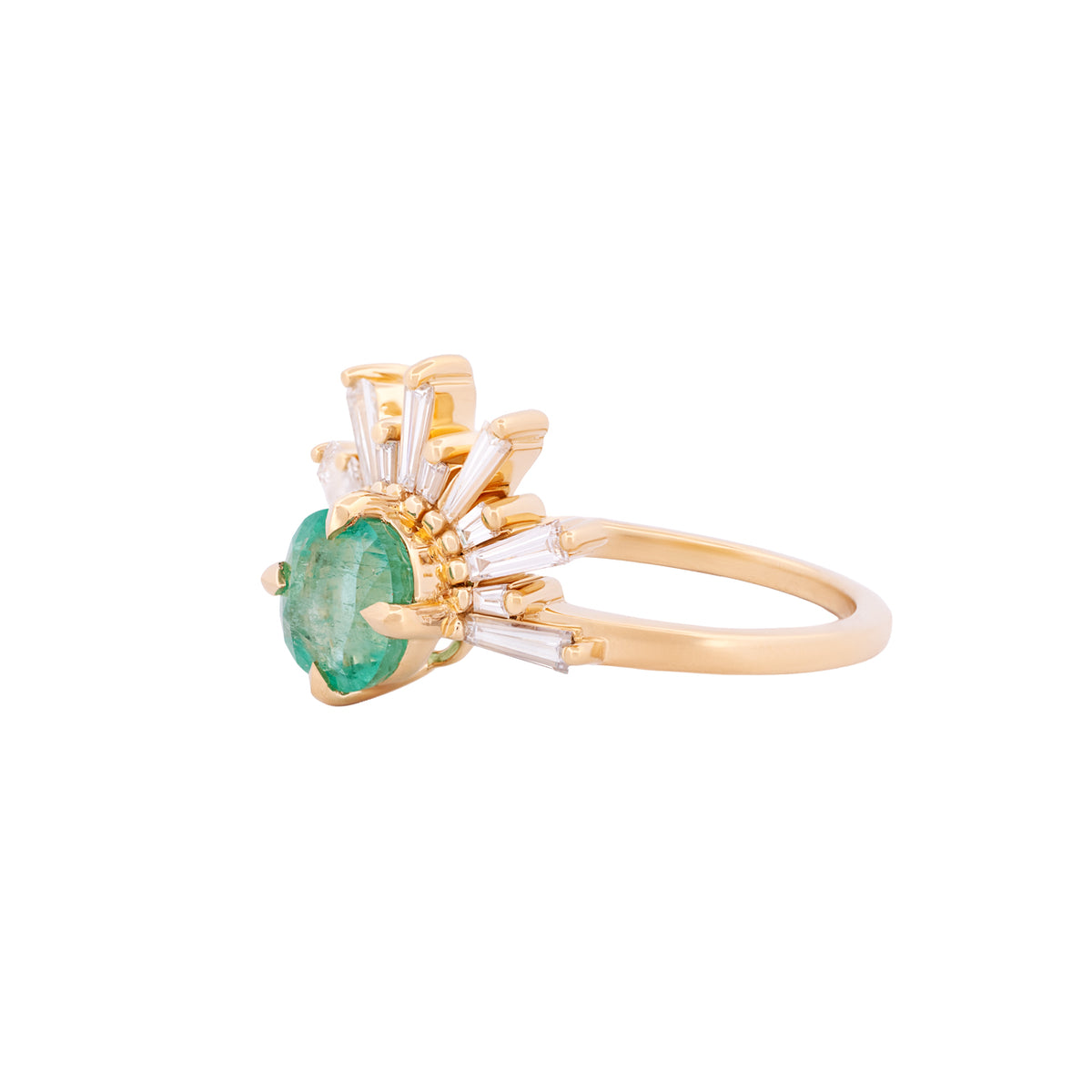 Fiat Lux Grande Demi Feu - Emerald Cushion (1.29ct) 18K gold ring with a cushion-cut emerald and baguette diamonds.