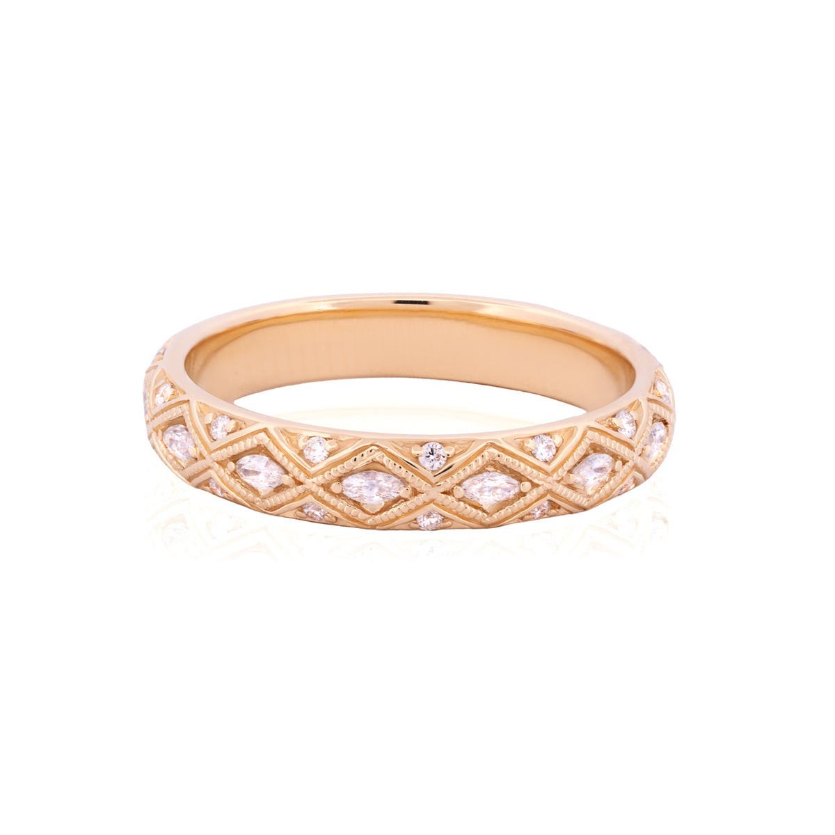 Fiat Lux Serpentra Ring in 14k gold featuring a repeating lattice pattern set with small marquise-cut diamonds.