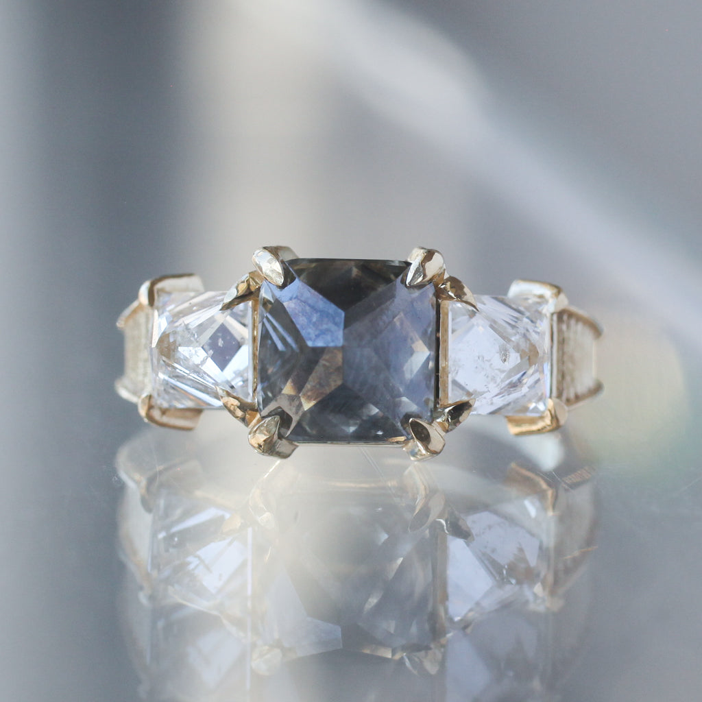 Grande Stormy Grey Square Rose Cut Diamond Temple Ring