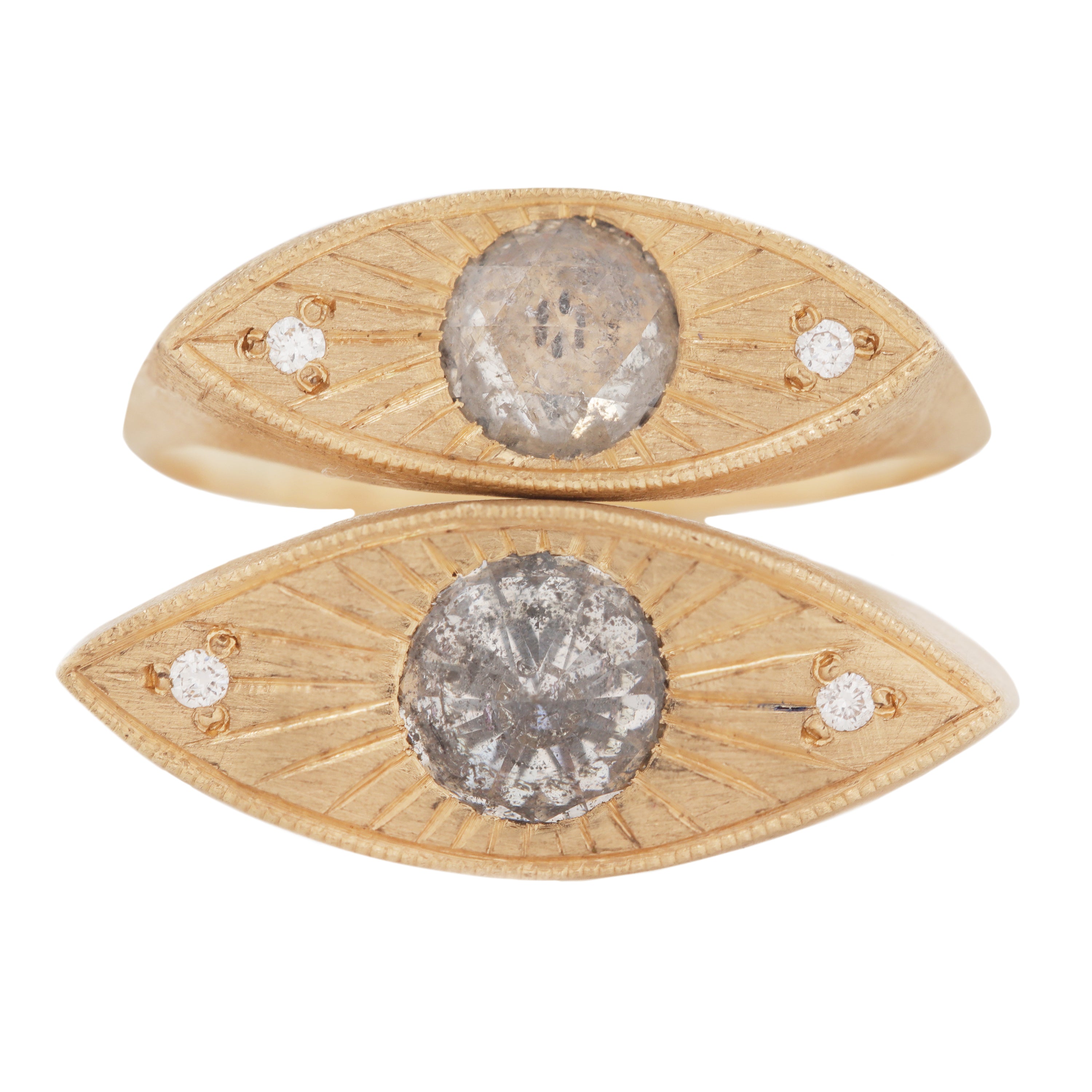 Fiat Lux Petite Third Eye Ring: 14k gold with ~0.5ct rose cut Salt & Pepper diamond and white accent stones.