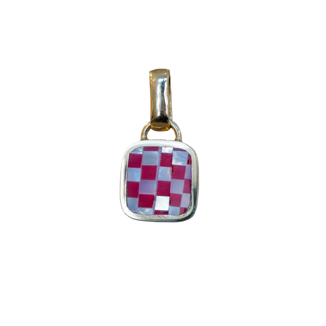 Goodluck Handmade Soft Square Checkerboard Charm pendant with pink and white squares, skater punk vibe, blue backdrop.