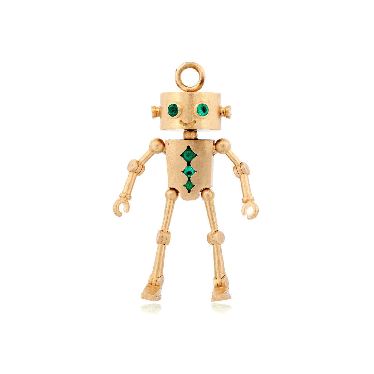 Sparky the Robot Charm - Emerald in 18k gold with emerald accents on the torso and eyes.