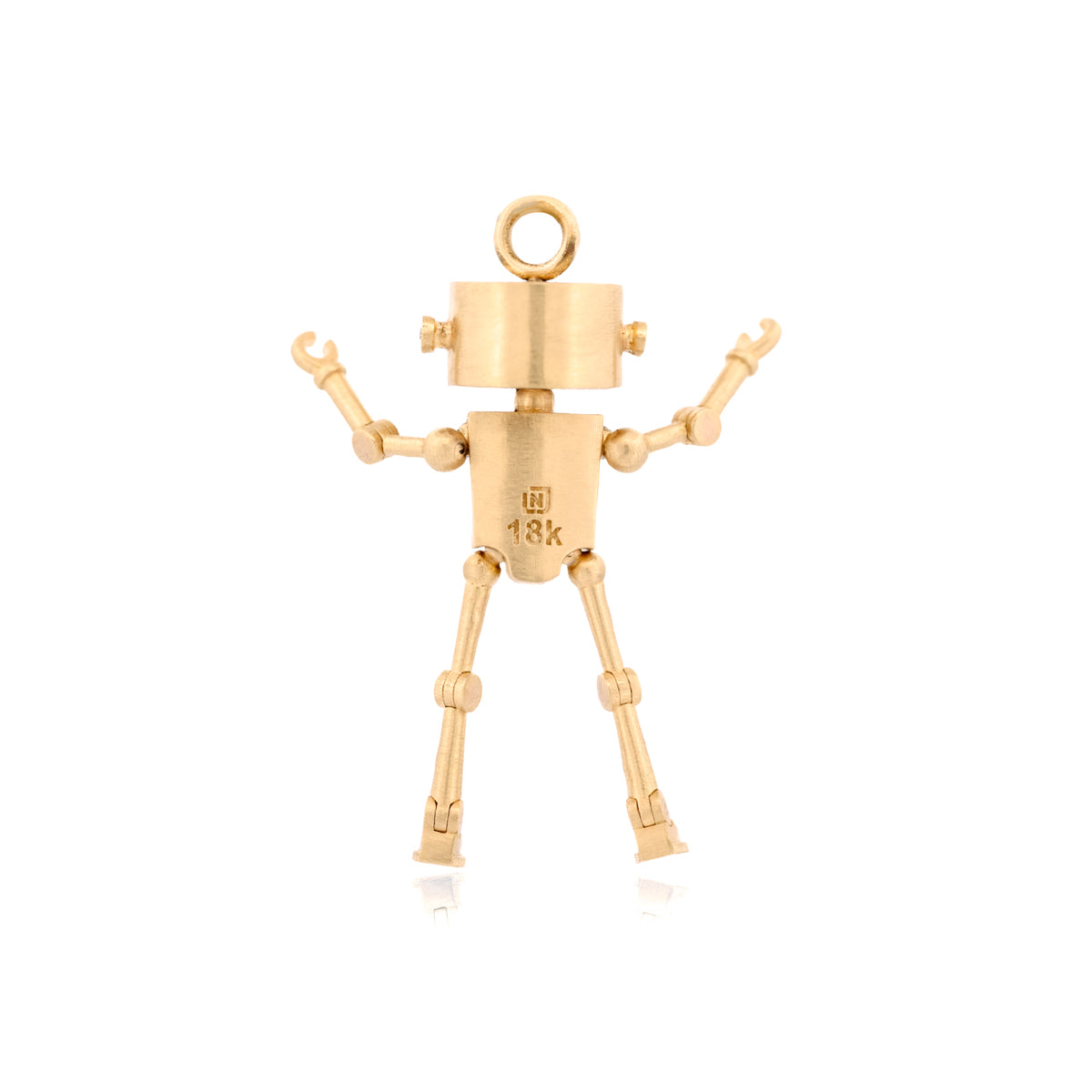Sparky the Robot Charm - Emerald is an articulated 18k gold robot charm with emerald accents and a jump ring on its head.
