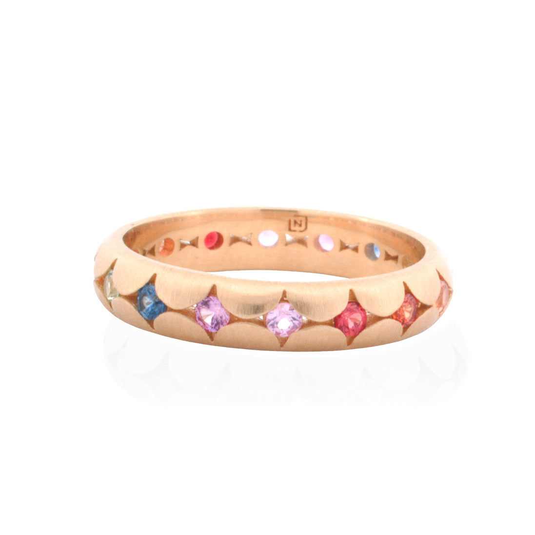 Lauren Newton Rainbow Scallop Band - 4mm, an 18K gold band with a scalloped edge and multicolored gemstones.