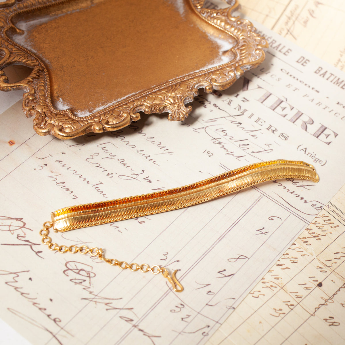 Vintage Biedermeier Soft Bracelet, an 18k gold herringbone chain with a lobster clasp and extender.