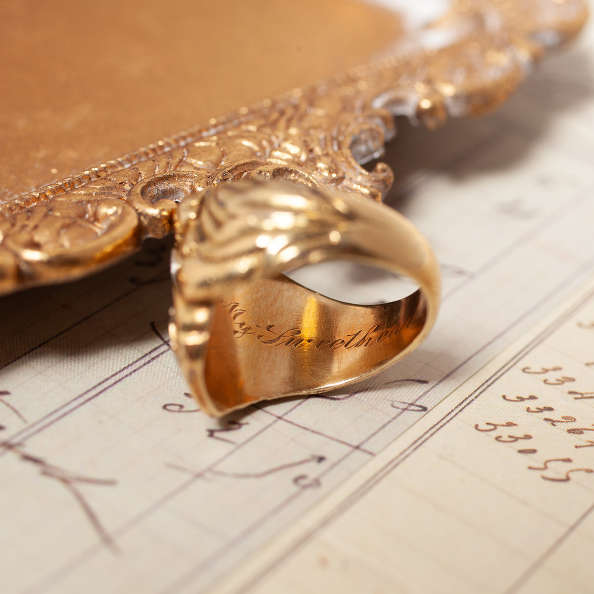 Vintage Panther with Diamond Heavy Signet ring with an engraved panther head resting on an antique ledger.
